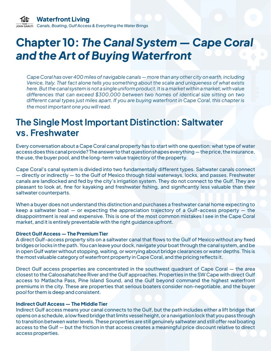 Pages explaining the Cape Coral canal system and Gulf access